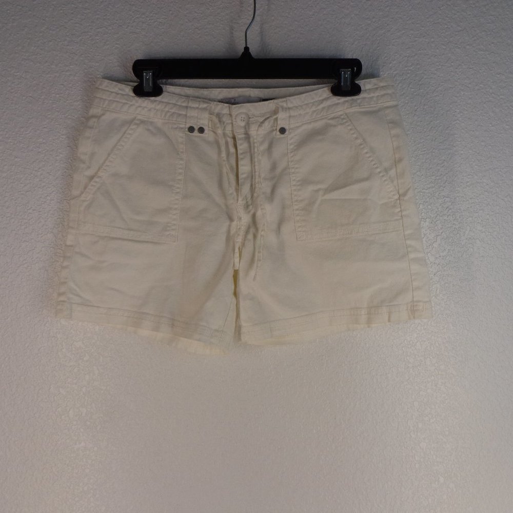 prana womens white shorts size 8 casual flat front logo drawstring